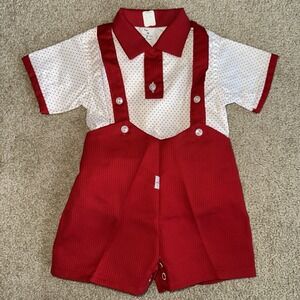 Boys Christmas 1T Short Set 12 Months NOS JCPenney Red & White Shorts Suspenders